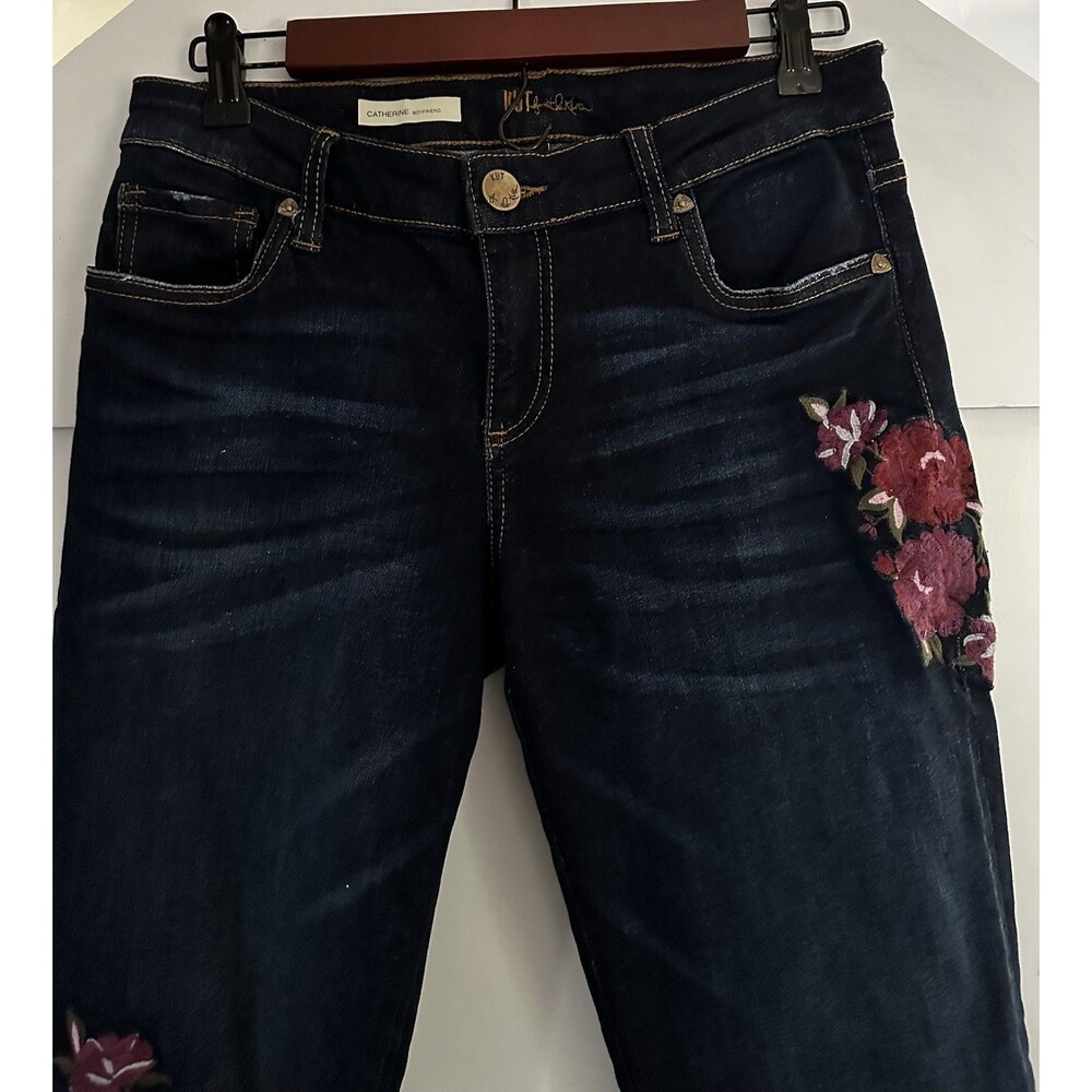 Kut From Kloth Boyfriend Jean Catherine Dark Wash Floral Embroidery Stretch Sz 2
